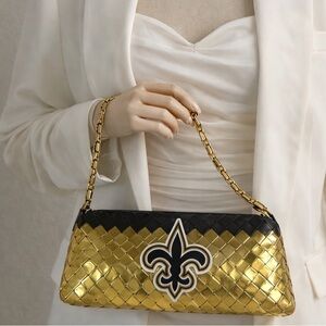 Gold and Black Woven Shoulder Bag with Fleur-de-Lis Accent